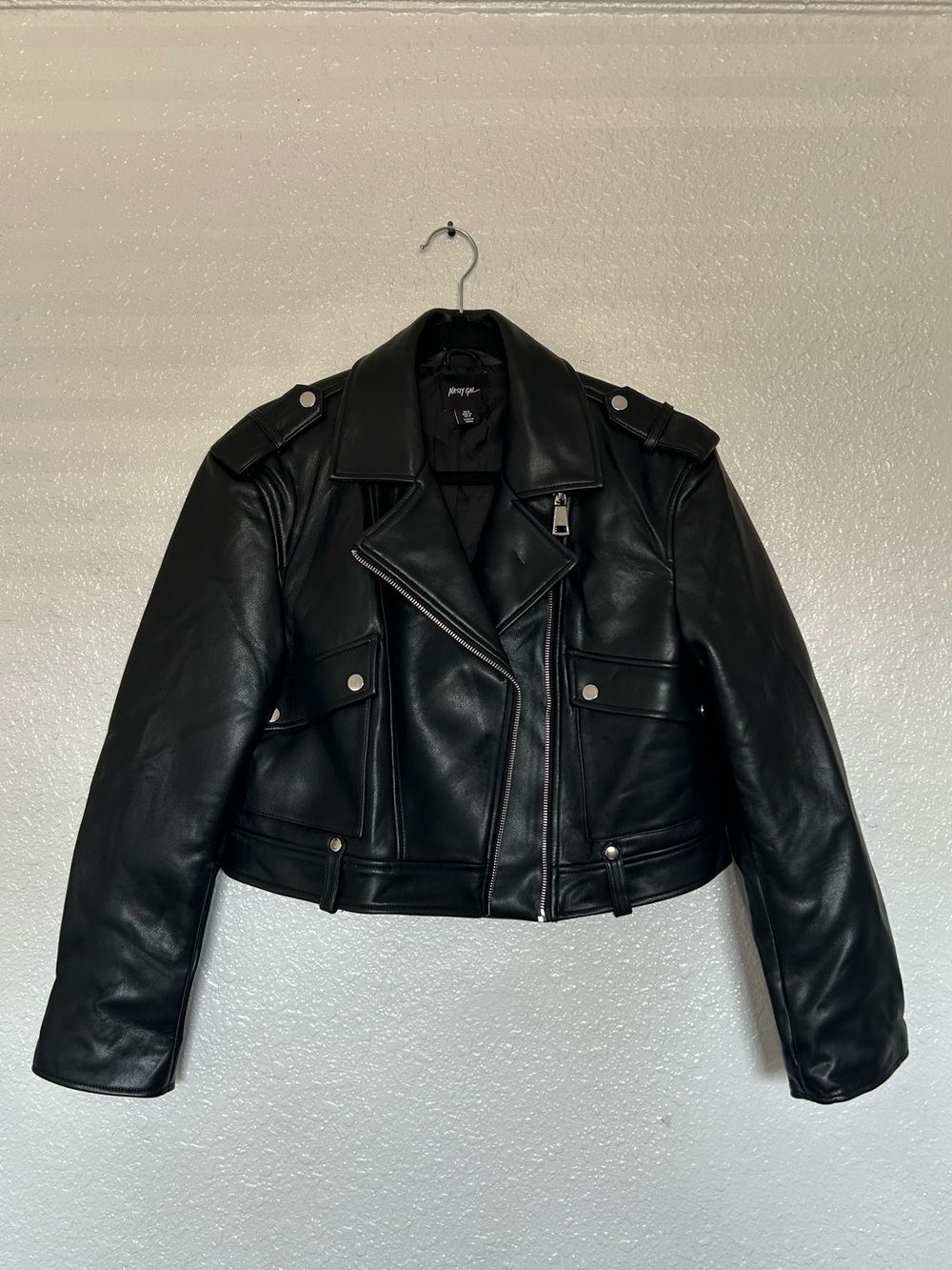 Nasty Gal Black Faux Leather Cropped Biker Jacket boxy fit